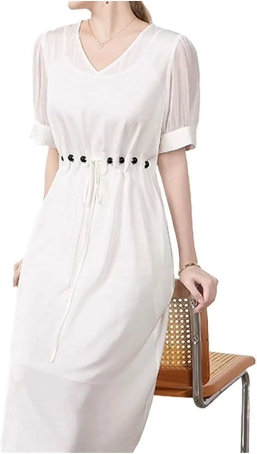 French Style Minimalist Slim Fit V Neck Dresses Silk Flowy Long Skirt for Casual Outings, Beach Vacations
