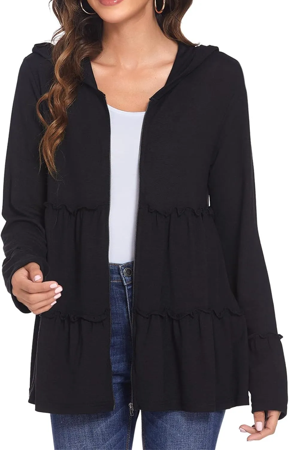 Full Zip Up Hoodie Women Pleated Tiered Ruffle Hooded Sweatshirt Lightweight Open Front Cardigan Coat Casual Jacket