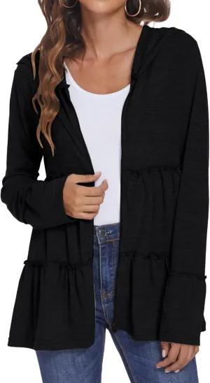 Full Zip Up Hoodie Women Pleated Tiered Ruffle Hooded Sweatshirt Lightweight Open Front Cardigan Coat Casual Jacket