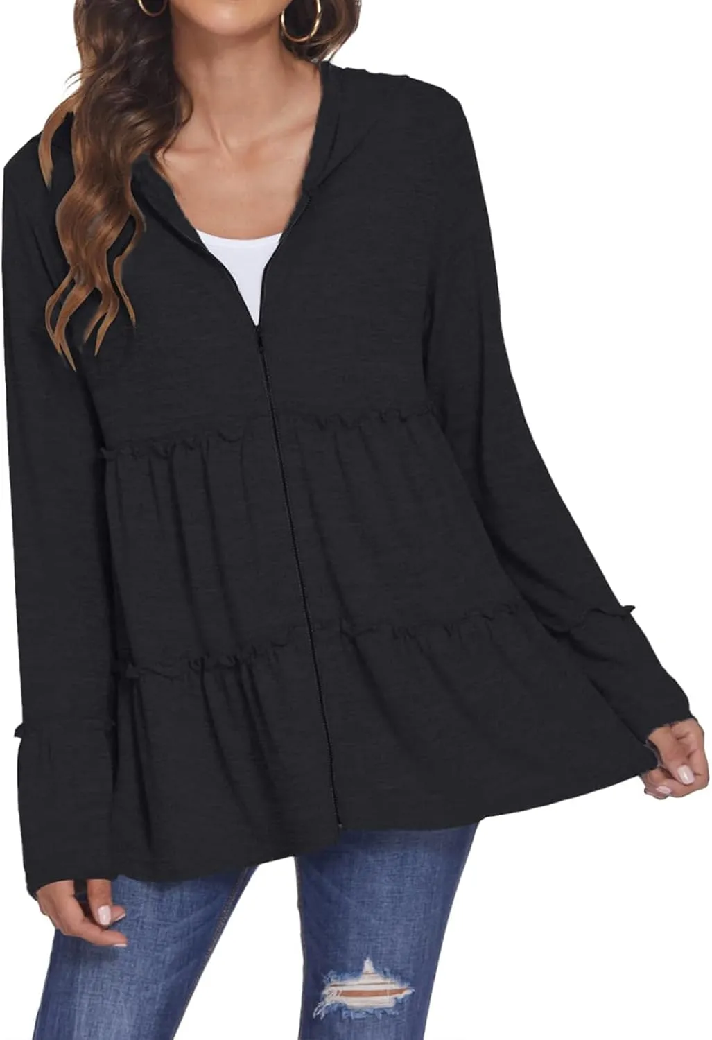 Full Zip Up Hoodie Women Pleated Tiered Ruffle Hooded Sweatshirt Lightweight Open Front Cardigan Coat Casual Jacket