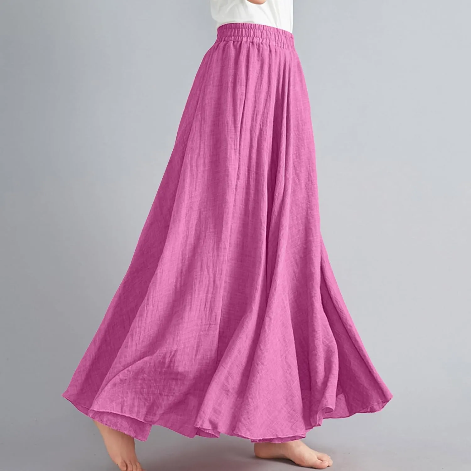 FZYLQY Womens Linen Maxi Skirts Summer Boho Solid Beach Elastic High Waist Pleated A-Line Flowy Swing Long Maxi Skirts
