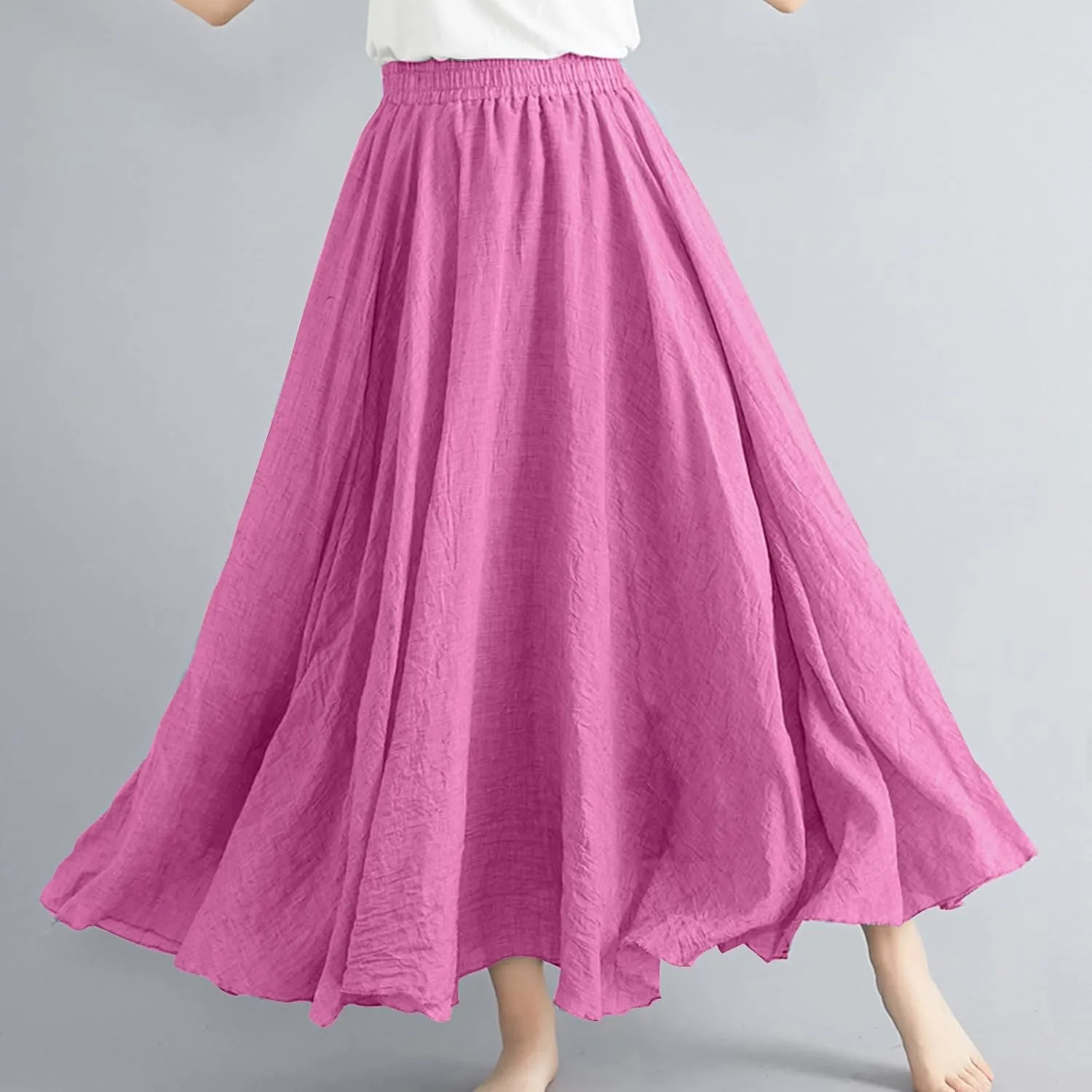 FZYLQY Womens Linen Maxi Skirts Summer Boho Solid Beach Elastic High Waist Pleated A-Line Flowy Swing Long Maxi Skirts