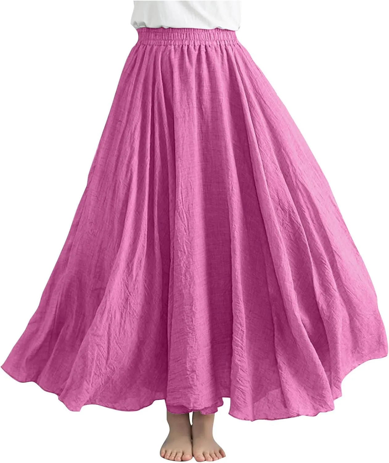 FZYLQY Womens Linen Maxi Skirts Summer Boho Solid Beach Elastic High Waist Pleated A-Line Flowy Swing Long Maxi Skirts