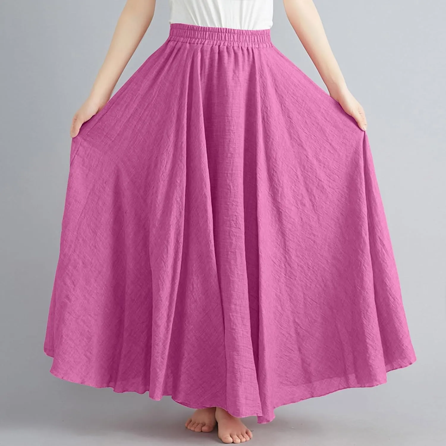 FZYLQY Womens Linen Maxi Skirts Summer Boho Solid Beach Elastic High Waist Pleated A-Line Flowy Swing Long Maxi Skirts