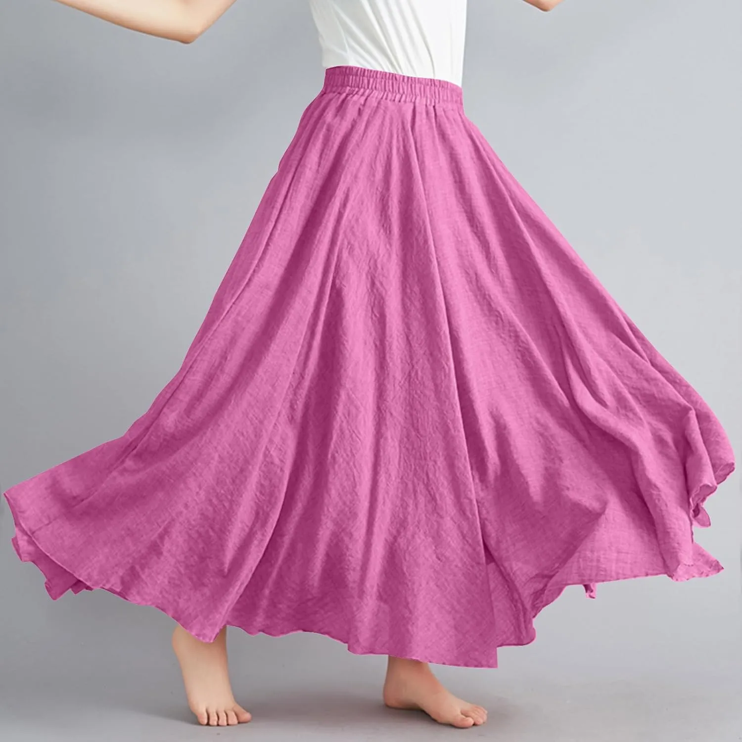 FZYLQY Womens Linen Maxi Skirts Summer Boho Solid Beach Elastic High Waist Pleated A-Line Flowy Swing Long Maxi Skirts