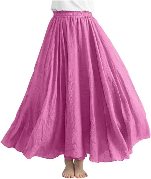 FZYLQY Womens Linen Maxi Skirts Summer Boho Solid Beach Elastic High Waist Pleated A-Line Flowy Swing Long Maxi Skirts
