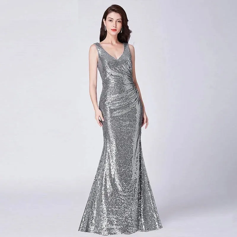 G154, Silver V Neck Mermaid Cocktail Evening Gown, Size (XS-30 to L-36)