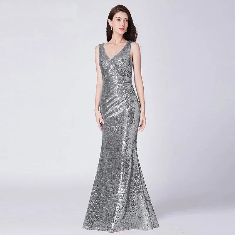 G154, Silver V Neck Mermaid Cocktail Evening Gown, Size (XS-30 to L-36)