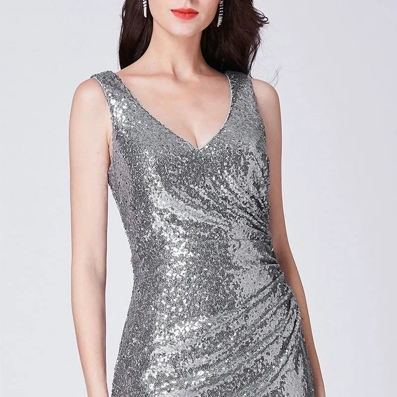 G154, Silver V Neck Mermaid Cocktail Evening Gown, Size (XS-30 to L-36)