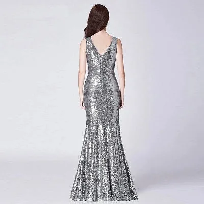 G154, Silver V Neck Mermaid Cocktail Evening Gown, Size (XS-30 to L-36)