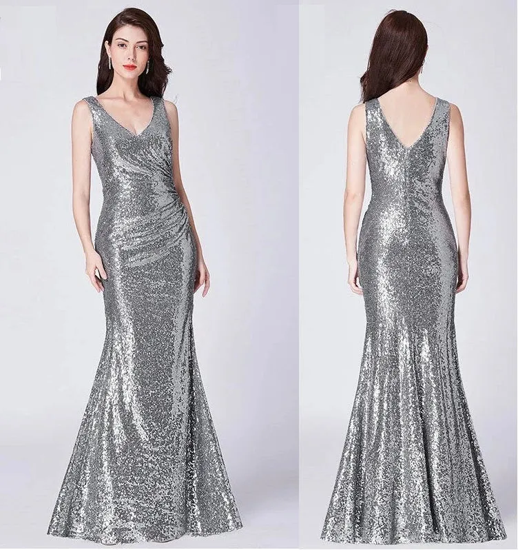 G154, Silver V Neck Mermaid Cocktail Evening Gown, Size (XS-30 to L-36)