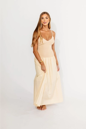 Gaby V-Neck Mixed Media Maxi Dress in Cream *Final-Sale* Gaby V-Neck Mixed Media Maxi Dress in Cream *Final-Sale*