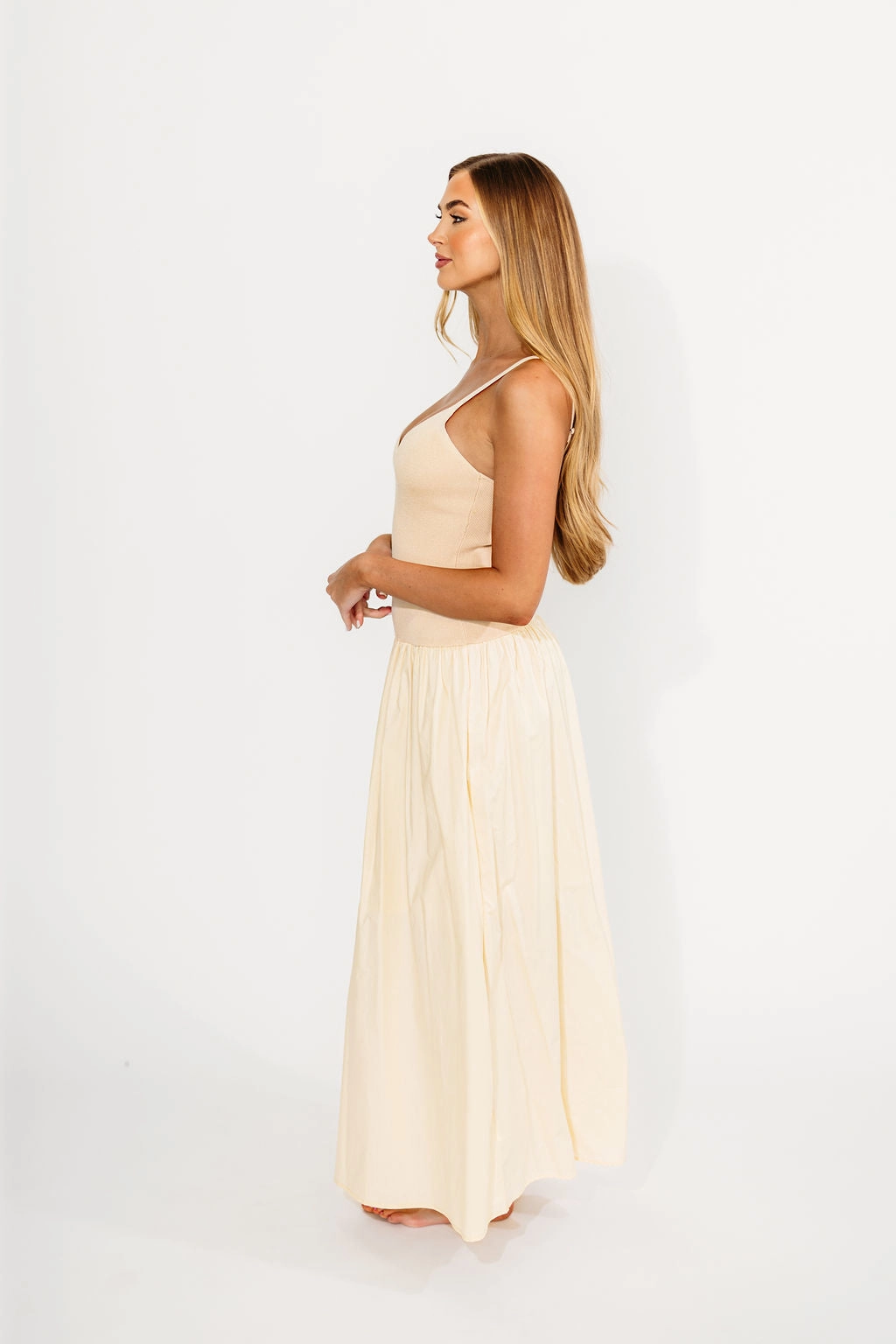 Gaby V-Neck Mixed Media Maxi Dress in Cream *Final-Sale*