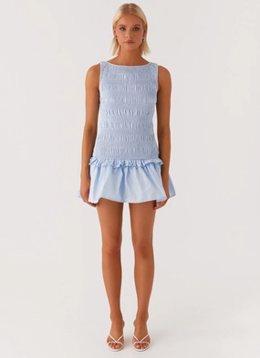 Garden Kisses Shirred Mini Dress - Blue Garden Kisses Shirred Mini Dress - Blue