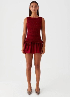 Garden Kisses Shirred Mini Dress - Maroon Garden Kisses Shirred Mini Dress - Maroon