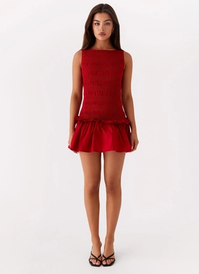 Garden Kisses Shirred Mini Dress - Red Garden Kisses Shirred Mini Dress - Red