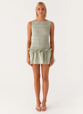 Garden Kisses Shirred Mini Dress - Sage Garden Kisses Shirred Mini Dress - Sage
