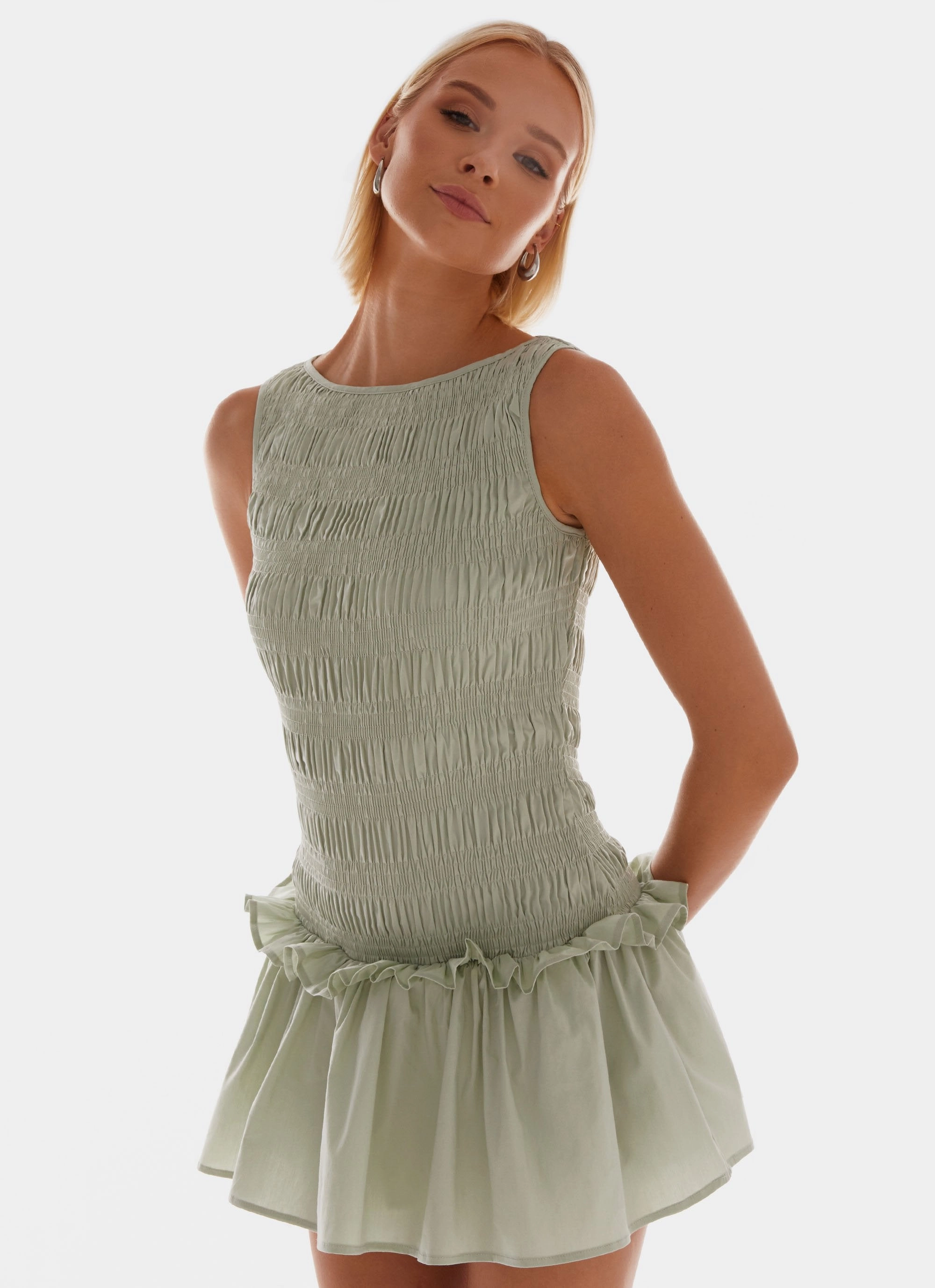 Garden Kisses Shirred Mini Dress - Sage