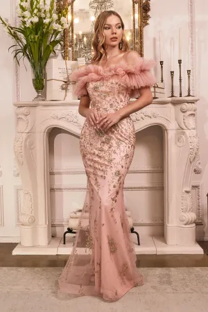Gathered Tulle Off the Shoulder Shimmering Mermaid Silhouette Prom & Ball Gown CDJ818
