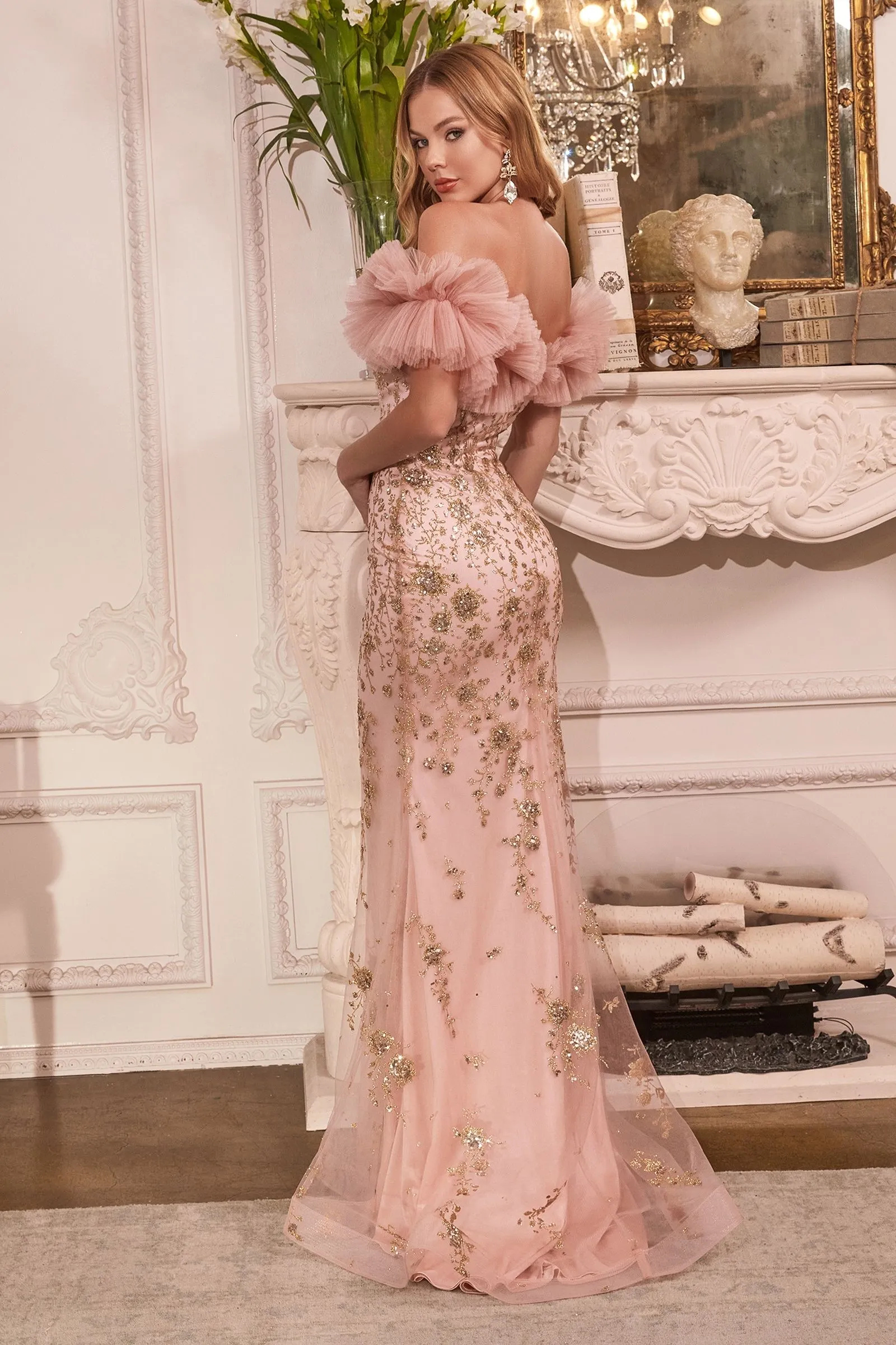 Gathered Tulle Off the Shoulder Shimmering Mermaid Silhouette Prom & Ball Gown CDJ818