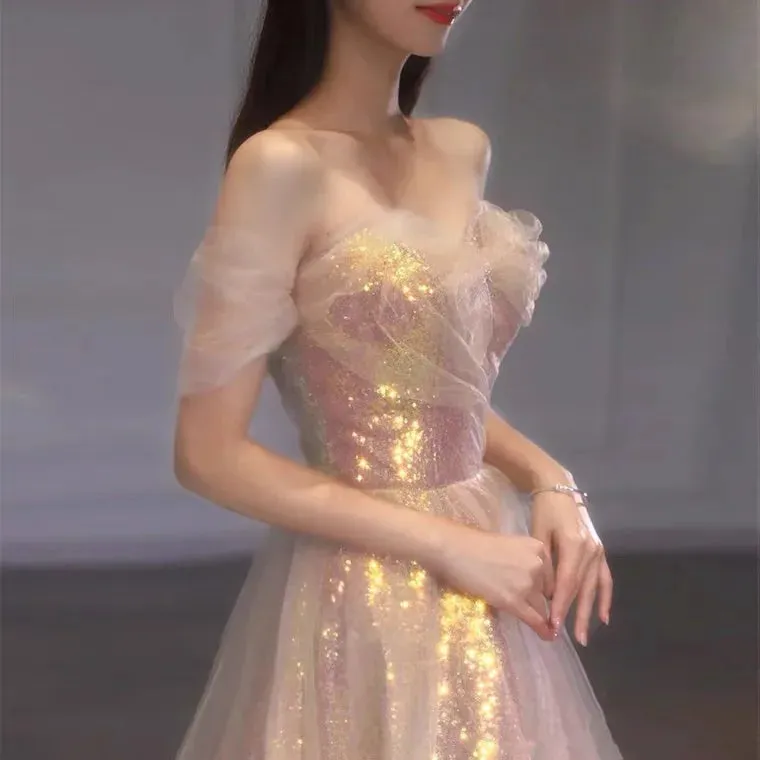 Girlary Sparkly Pink Evening Dresses Off Shoulder Beading Sweetheart A Line Tulle Strapless Ceremony High-end Party Prom Gowns For Woman