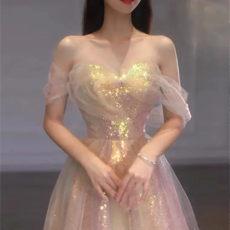 Girlary Sparkly Pink Evening Dresses Off Shoulder Beading Sweetheart A Line Tulle Strapless Ceremony High-end Party Prom Gowns For Woman