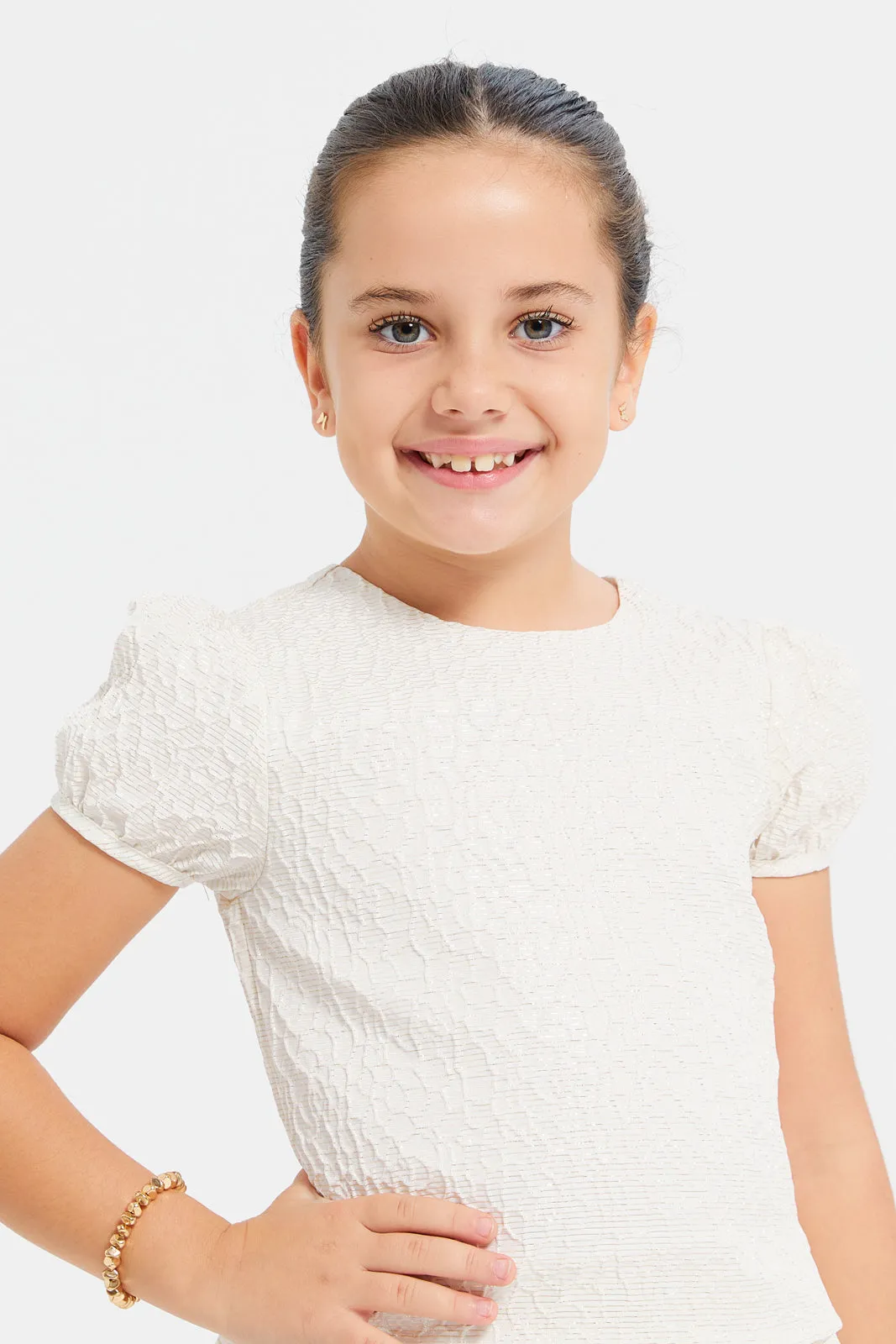 Girls Beige Jacquard Blouse