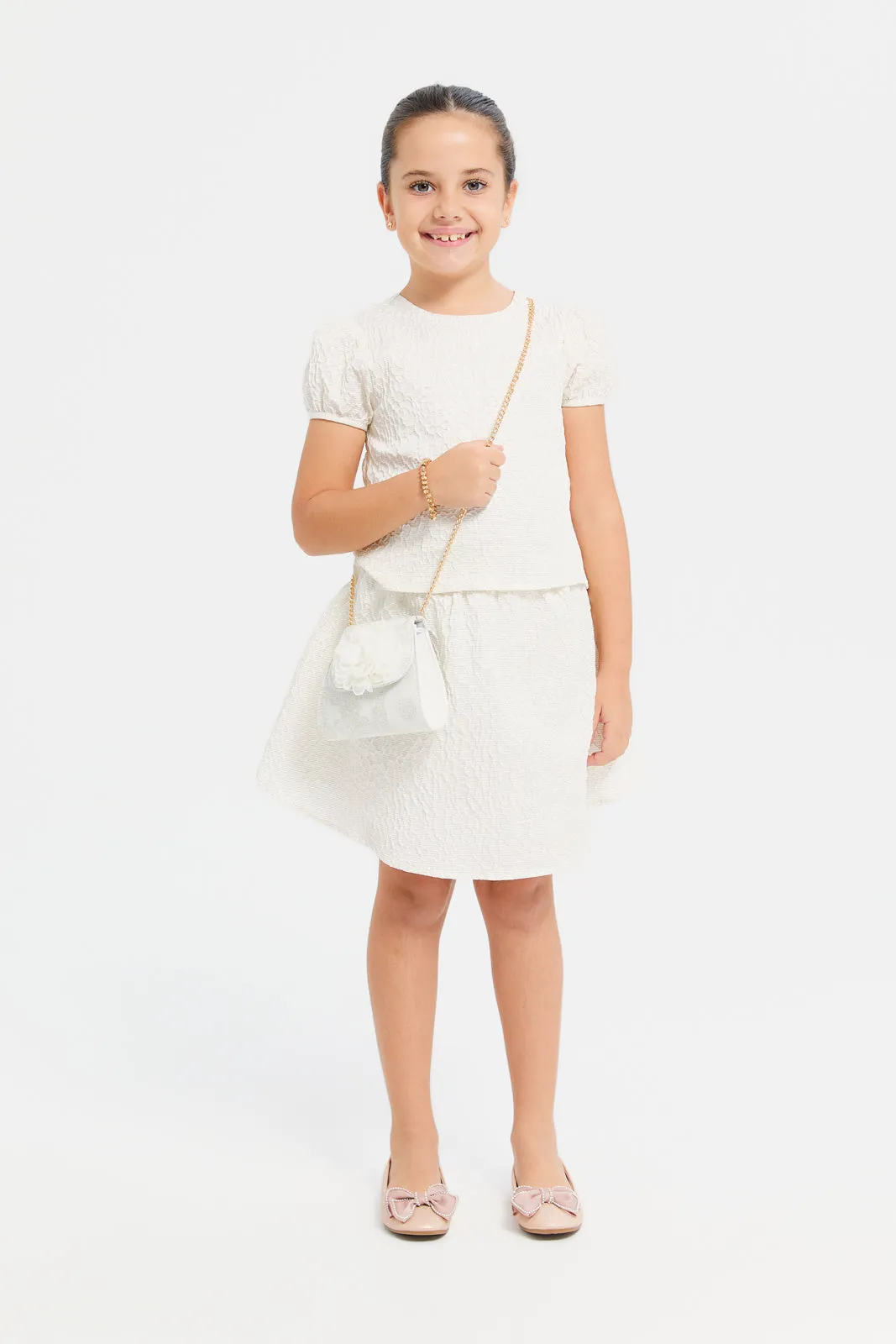 Girls Beige Jacquard Blouse