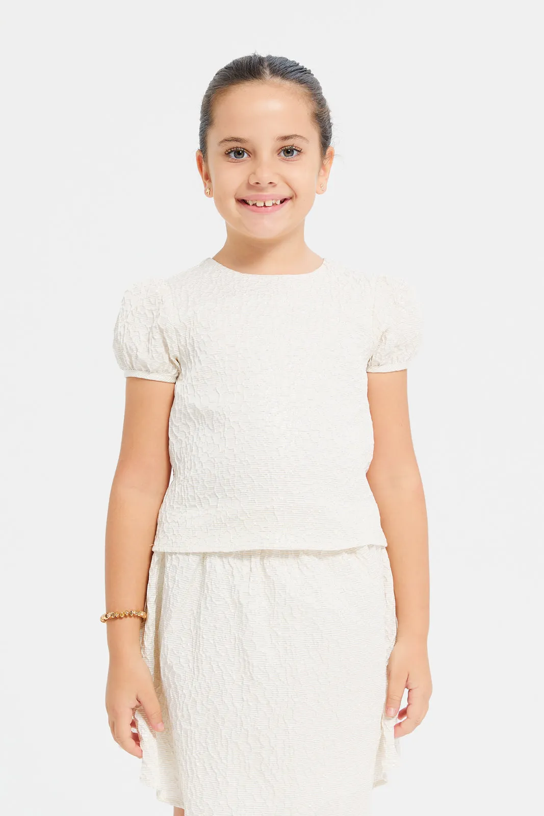 Girls Beige Jacquard Blouse