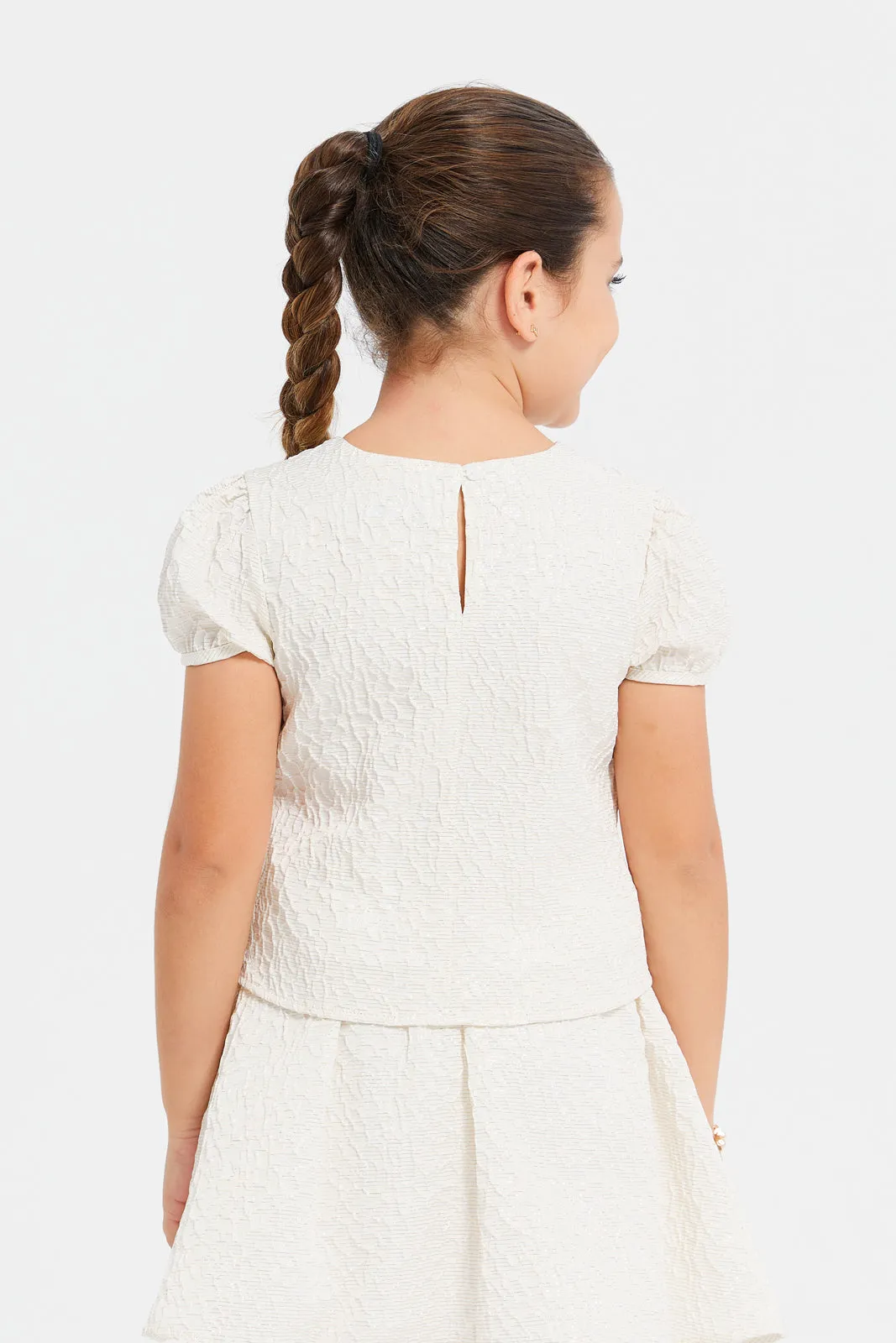 Girls Beige Jacquard Blouse