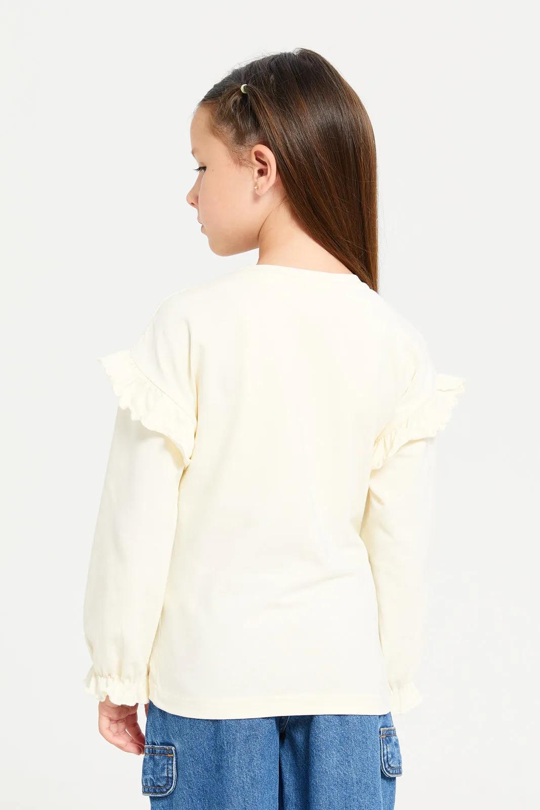 Girls Cream Embellished T-Shirt