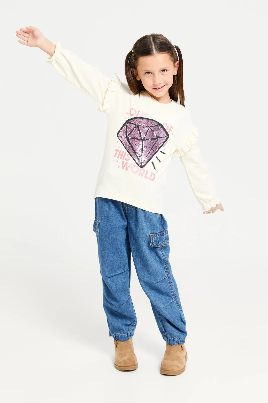 Girls Cream Embellished T-Shirt