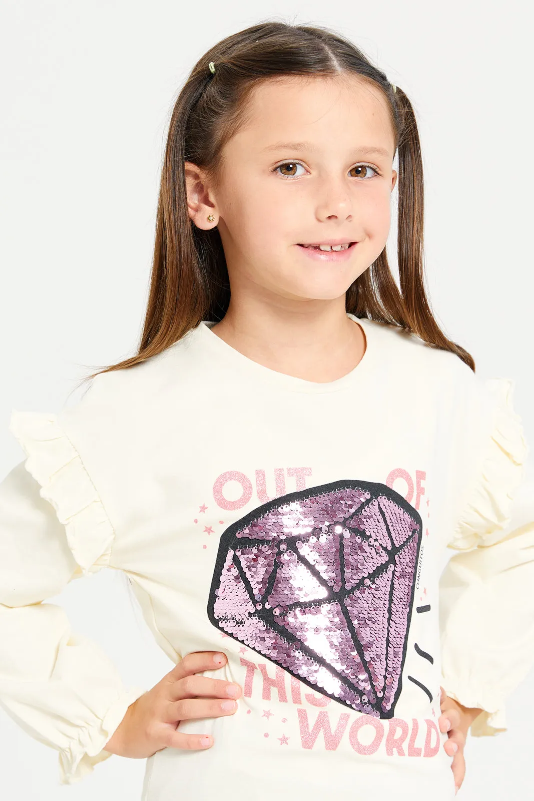 Girls Cream Embellished T-Shirt