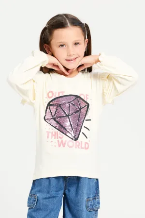 Girls Cream Embellished T-Shirt