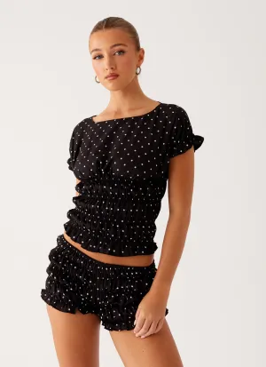 Girls Like Us Ruched Mini Shorts - Black Polka Dot Girls Like Us Ruched Mini Shorts - Black Polka Dot