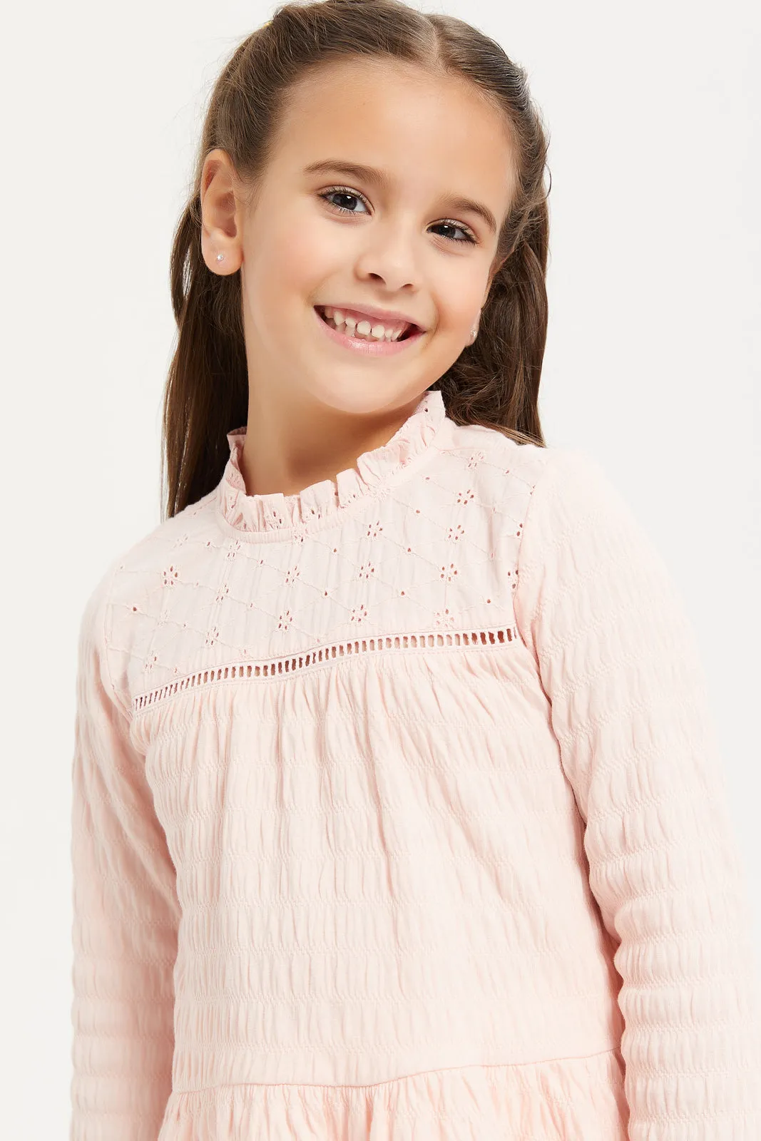 Girls Pink Embellished Long Sleeves Frills Top