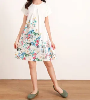 Girls Pleated Detail Floral Print Trapeze Dress