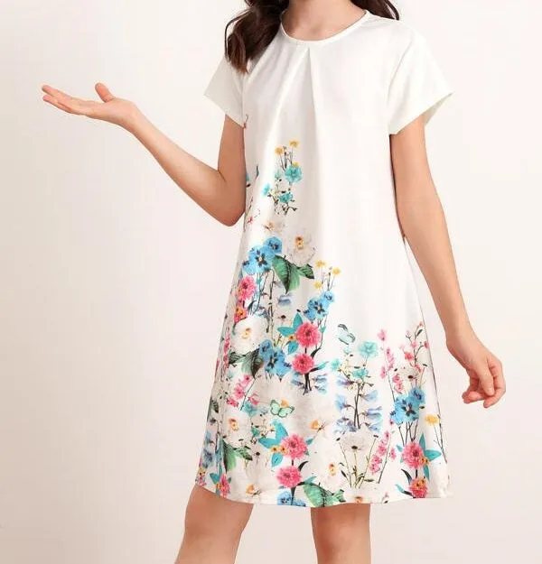 Girls Pleated Detail Floral Print Trapeze Dress