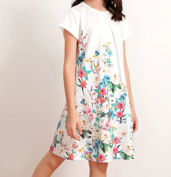 Girls Pleated Detail Floral Print Trapeze Dress