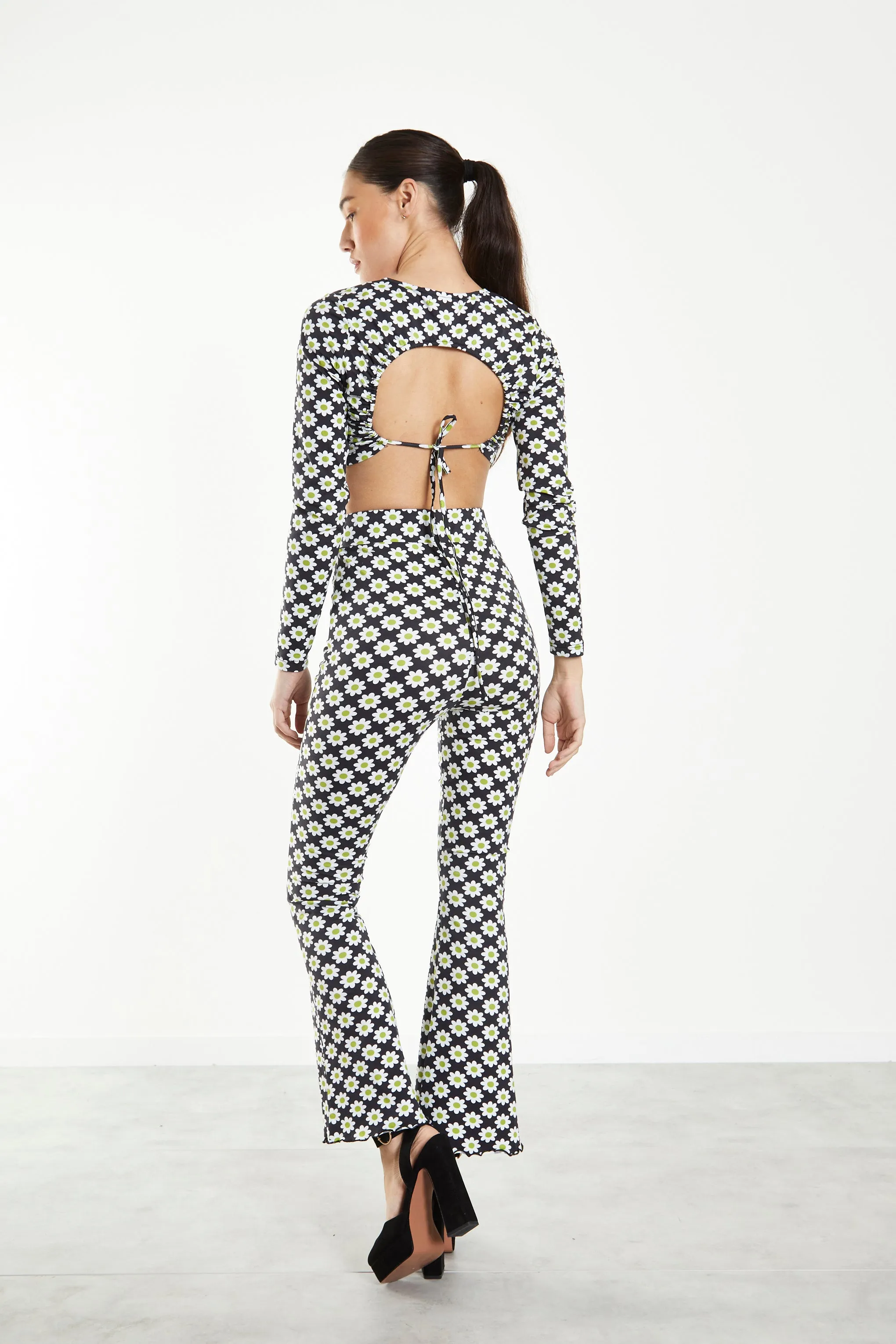 Glamorous Sixties Flower Jersey High Waisted Flared Trousers