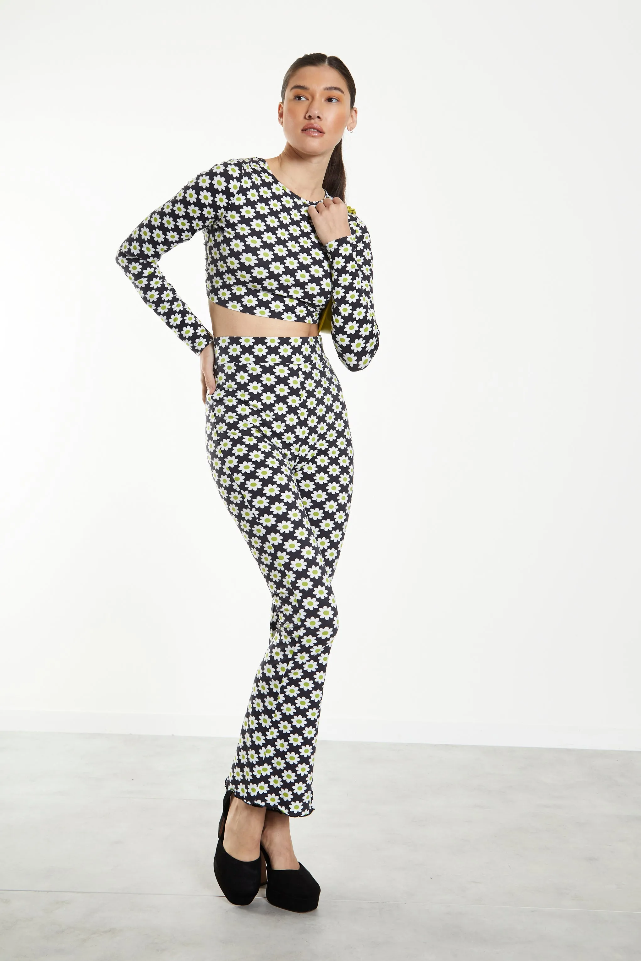 Glamorous Sixties Flower Jersey High Waisted Flared Trousers