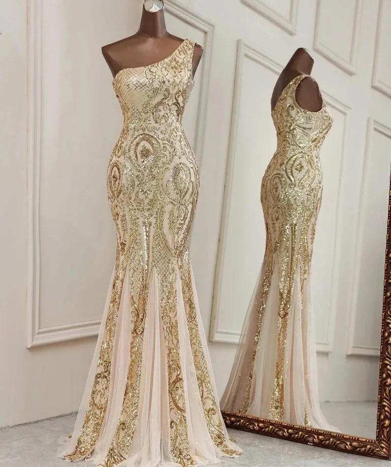 Gold Mermaid One Shoulder Prom Dresses for Women