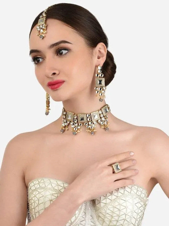 Gold Plated Grey & White Kundan Studded Pearl Beaded Jewellery Set