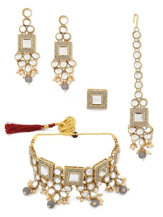 Gold Plated Grey & White Kundan Studded Pearl Beaded Jewellery Set