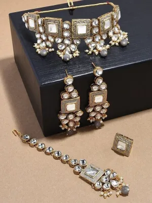 Gold Plated Grey & White Kundan Studded Pearl Beaded Jewellery Set
