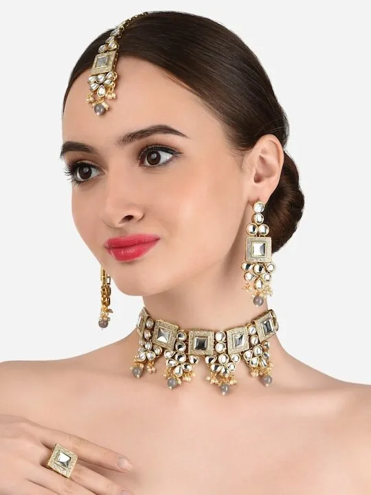 Gold Plated Grey & White Kundan Studded Pearl Beaded Jewellery Set