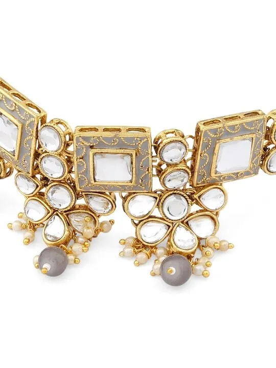 Gold Plated Grey & White Kundan Studded Pearl Beaded Jewellery Set