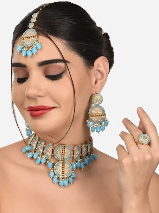 Gold Plated Turquoise Blue Beaded Jewellery Set
