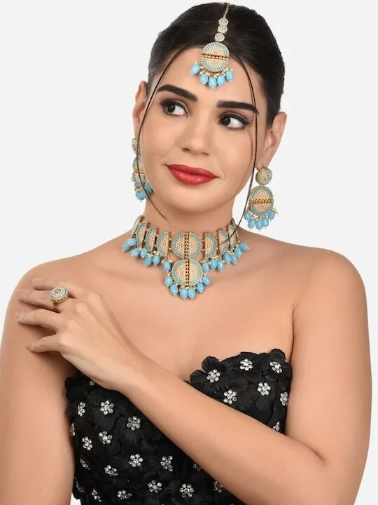 Gold Plated Turquoise Blue Beaded Jewellery Set