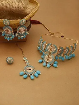 Gold Plated Turquoise Blue Beaded Jewellery Set